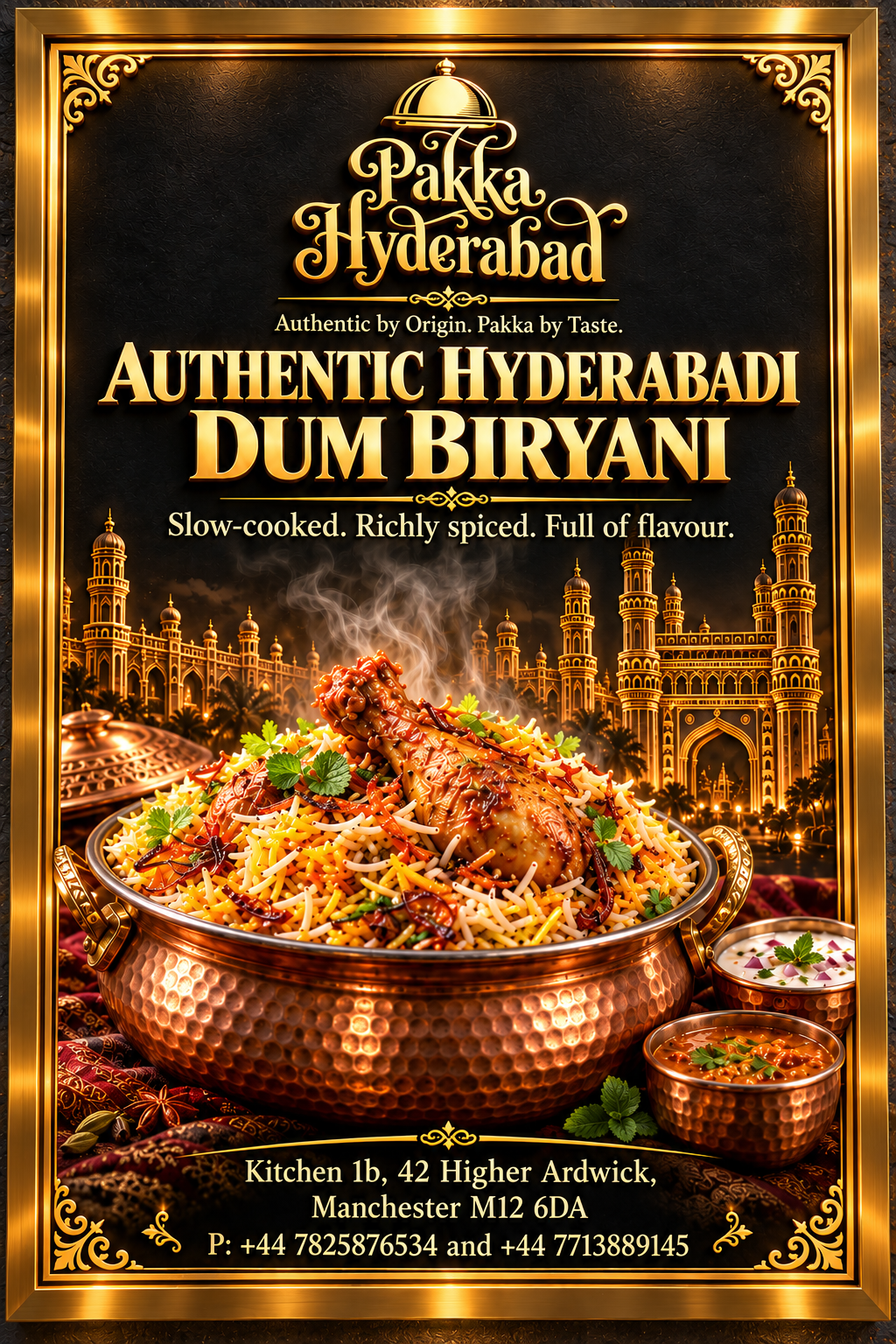 Pakka Hyderabad black-and-gold poster featuring steaming chicken dum biryani
